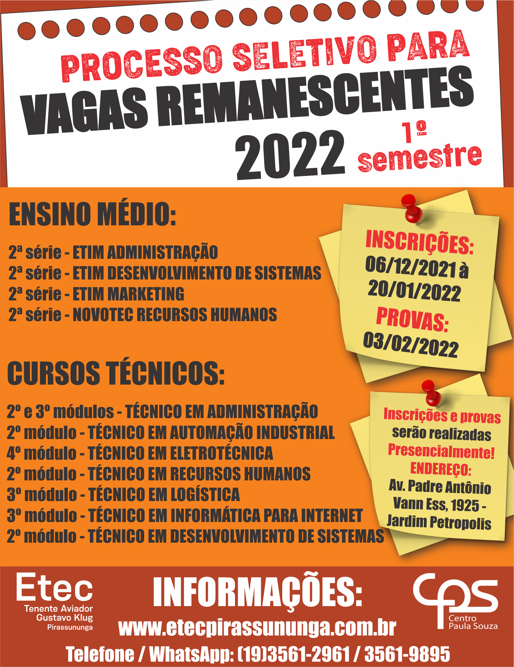 Vagas Remanescentes - 1º/2023 - Etec de Taboão da Serra